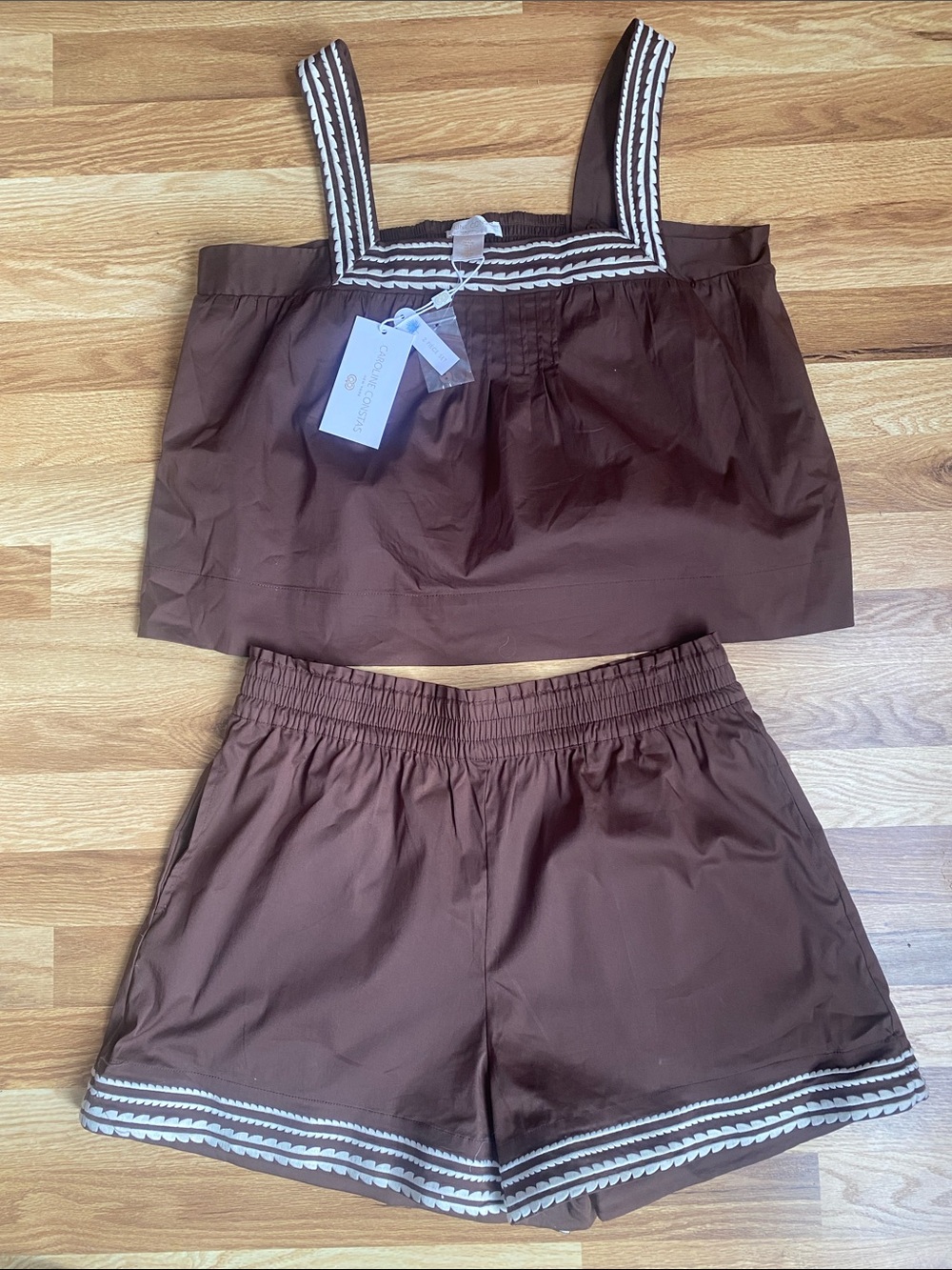 Caroline Constas Brown Two-Piece Athletic Shorts Set with White Trim